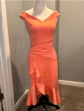 VENUS Off-Shoulder Coral-Peach  Asymetrical Rufle Hem Dress